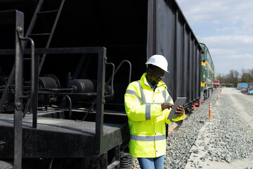 Industrial transportation. Railroad supervisor walking by cargo train with construction material at train station.