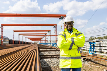Fototapeta premium Portrait of railroad construction site supervisor looking to the camera.