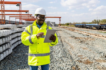 Railroad construction engineer standing inside building site and using digital tablet computer.