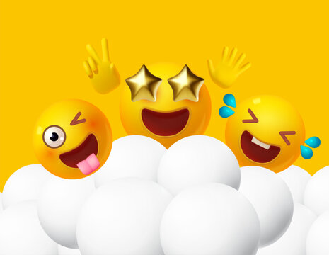 Joy, happy and fun. Yellow balls with faces. Emotion expression . Holiday, singing, joy, fun, party, laughter, music, concert, birthday, win and special offer.