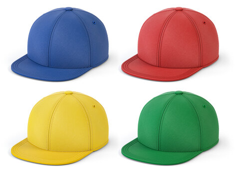 Snap back mock up of different color isolated on white background. Blue, green, yellow and red blank hat templates