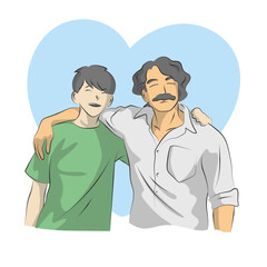 Fototapeta premium line art father hug son in front of blue heart illustration vector hand drawn isolated on white background