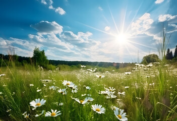 Beautiful summer landscape with daisies in the meadow. Generative AI