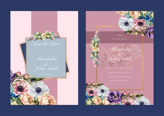 White blue pink hydrangea poppy floral flower vector elegant leaves wedding invitation card template watercolor
