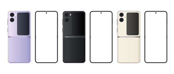 Oppo Find N2 Flip mockup with all colors variant. Smartphone mockup white screen. Mock-up screen Find N2 Flip. Vector illustration