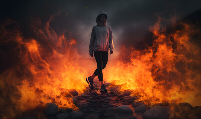 Young woman walking through a path of fire and smoke with copy space Generative AI
