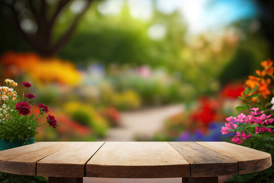 spring flowers on wooden table,photo of empty table top in front of blurred colorful flowe ,spring flowers on wooden background