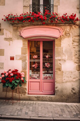 Fototapeta na wymiar Generative AI illustration of romantic pink facade with roses at the door