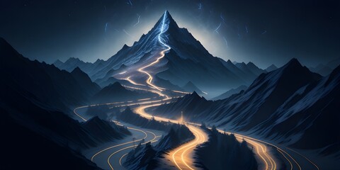 Path to success concept, with glowing light path going up the mountain.  Path to mountain top.  Way top the top concept. Success Guided by Glowing Light on the Mountain. Generative AI illustration