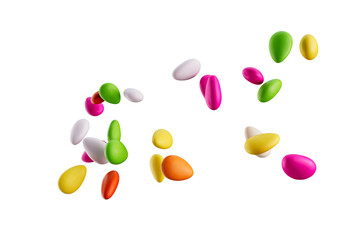 3d Colorful Almond Candies Sugar Coated Almond Candies Falling On White Background 3d illustration