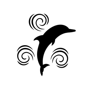 Black and white vector illustration of dolphin jumping on the wave. Monochrome dolphin isolated on white background. Logo template.