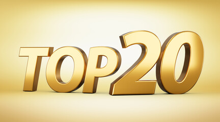 3d Golden Shiny Top 20 Text, Top Twenty 3d Text Isolated On Golden Background, 3d illustration
