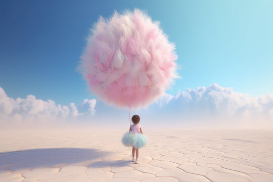 View from back, girl holding a pink balloon made of cotton candy. Bright blue sky. Creative concept of childhood, girlish dreams, childhood fantasy and innocence. Generative AI 3d render