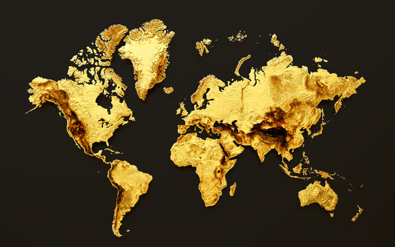 Fototapeta 3d Golden Shiny World Map Golden Metal Hypsometric Map On Black Background, 3d illustration