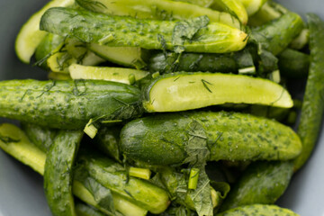 Pickled cucumbers with spices. sliced cucumbers with salt and dill.