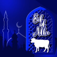Eid Al Adha abstract background with text, a cow and a mosque on dark blue background