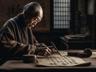 A man practicing Zen calligraphy, his movements fluid and deliberate, with a backdrop of parchment paper and inkstones . Generative AI