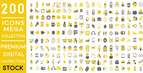 Premium Digital Marketing web icons in FLAT/LINE style icon pack with Social, networks, feedback, communication, marketing, and e-commerce. Vector illustration yellow icons set of  200 icon pack.