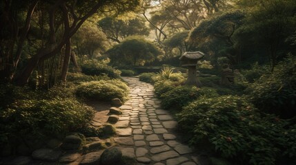 A Zen stone path winding through a beautifully landscaped garden, evoking a sense of calm and tranquility . Generative AI