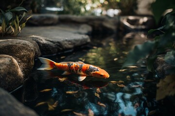 A Zen-inspired koi pond with colorful fish swimming leisurely, surrounded by lush greenery and smooth stones . Generative AI