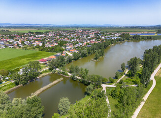 Lake and village in Slovakia, aerial view