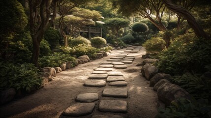 A Zen stone path winding through a beautifully landscaped garden, evoking a sense of calm and tranquility . Generative AI