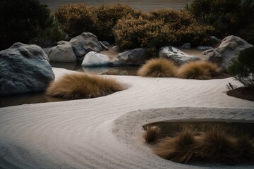 Fototapeta premium A tranquil zen garden with meticulously raked sand, surrounded by minimalist rock formations and a serene water feature . Generative AI
