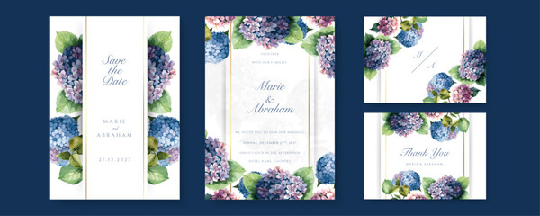 Pink blue hydrangea floral flower elegant wedding invitation watercolor