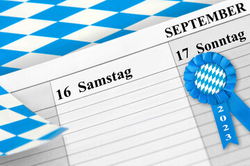 Deutscher Kalender mit Datum 16. September 2023  Samstag Oktoberfest mit Flagge