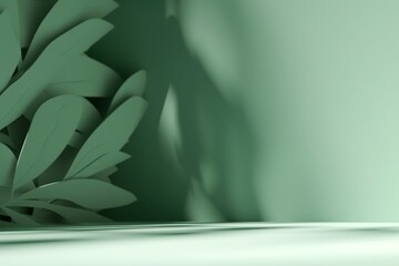 Obraz na płótnie Canvas 3D background display, natural tree leaf shadow pastel green backdrop. Nature product promotion beauty cosmetics . Nude Studio Minimal showcase 3D render advertisement.Generative AI.