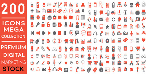 Premium Digital Marketing web icons in FLAT/LINE style icon pack with Social, networks, feedback, communication, marketing, and e-commerce. Vector illustration Red icons set of  200 icon pack.