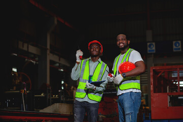 Factory engineer puts on a hard hat and vest using a crane controller suspended from the ceiling while pushing buttons and operating an overhead crane at a heavy industrial facility. safety