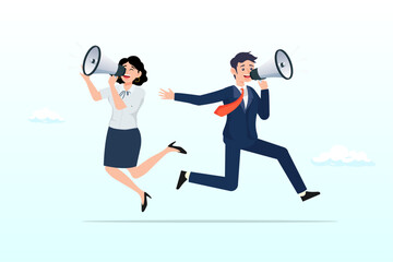 Fototapeta na wymiar Businessman and woman shouting on megaphone, communicate message, announce job vacancy for hiring, shouting promotion or company communication, warning alert or beware or important message (Vector)