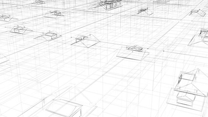 Grid drawing of city on white 3d render - 614375889