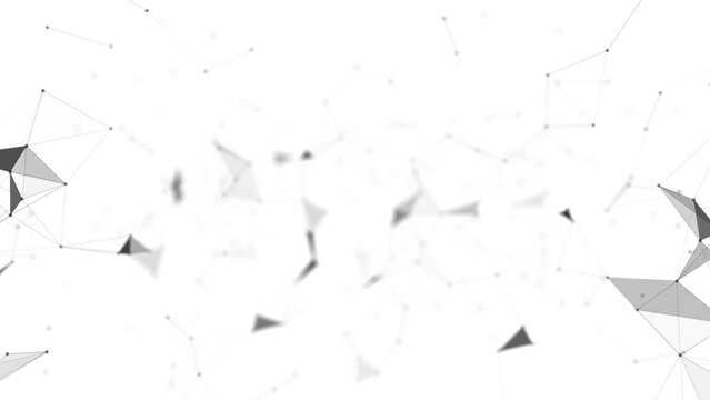 Cg. On a white background triangles and dots move that form an abstract polygonal network from blur to focus. Background for a scientific project