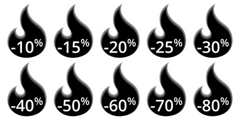 Collection Feuille d'icônes de 10 Flammes de Pourcentages de Soldes - Noir