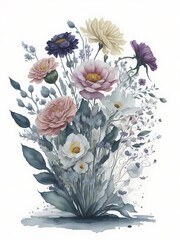 Vase of flowers clipart white background scattered water color.