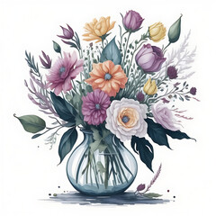 Vase of flowers clipart white background scattered water color.