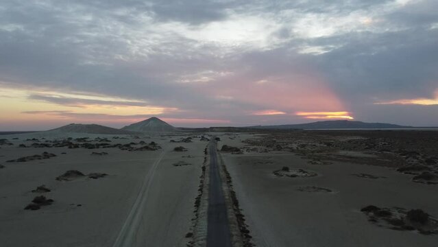 Cinematic Sunset View Of Dry Arid Landscape Towards Mud Volcano In Background At Hingol National Park .Dolly Forward
