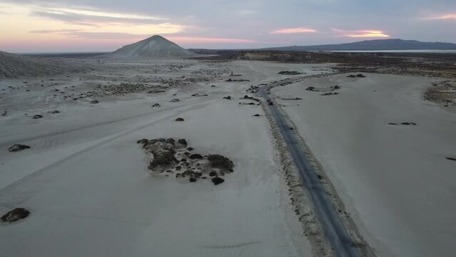 Aerial View Over Dry Arid Landscape Towards Mud Volcano In Background At Hingol National Park . Dolly Forward