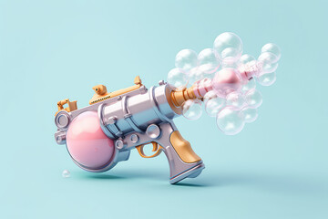 Children's water pistol with many glass bubbles. Water gun for party. Creative concept for kid's party, childhood, summer games. Pastel colors. Generative AI 3d render illustration .