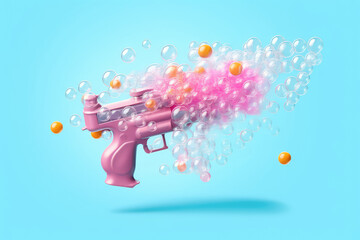 Children's water pistol with many colored bubbles. Water gun for party. Creative concept for kid's party, childhood, summer games and sea holidays. Generative AI 3d render illustration imitation.