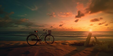 There is a bicycle on the seashore at dawn. The concept of a morning bike ride. Created with generative AI tools