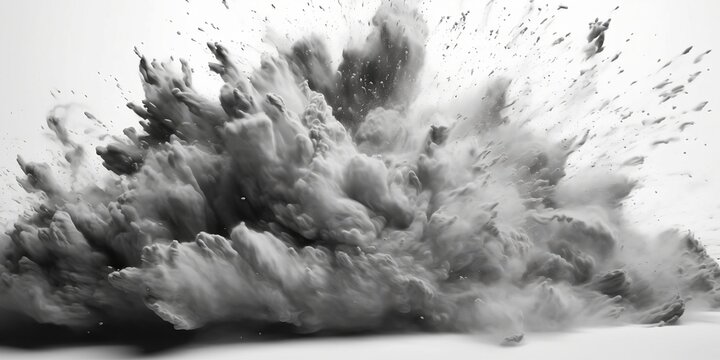 A gray wall of gray dust and ash after an explosion on a white background. Created with generative AI tools