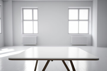 Fototapeta na wymiar photo of empty table top in front of blurred white studio,empty room with a table,empty white room with table and chairs