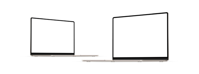 Modern Golden Laptop Mockup, Perspective Side View, Blank Screens, Isolated on White Background. Vector Illustration