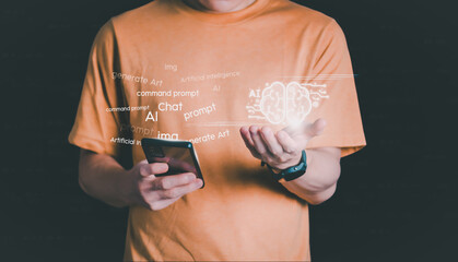 The person showing AI technology that connects information to various systems, concepts,...