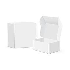 Small Cardboard Shipping Mailer or Gift Packaging Box, Opened and Closed Mockup. Vector Illustration