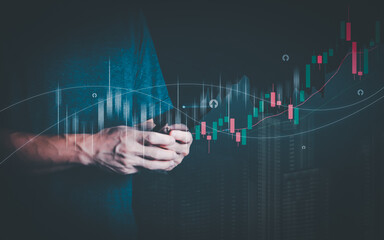 Planning and strategy, stock market, business growth, progress or success concept, businessman or trader showing growing virtual holographic stocks, invest in stock market trading or digital assets