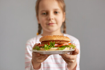 Beautiful little girl with braids eating tasty classic burger with fries looking at the camera offering tasty delicious snack enjoying unhealthy eating.